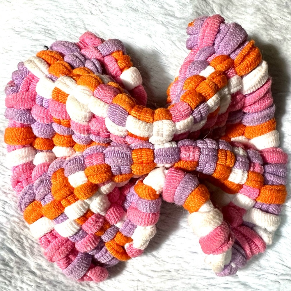 Pink Orange Lavender MEDIUM Hand Woven Rag Style HAIR BOW on 3” French Barette